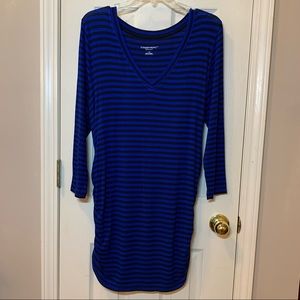 Liz Lange Maternity Dress Blue and Black Stripe, V-neck w/ Long Sleeves, L, EUC